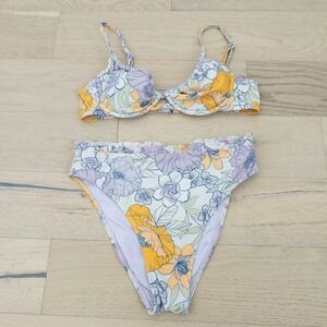 Womens Bikini Set Size M Yellow Purple Floral Underwire Swim Summer Beach Resort